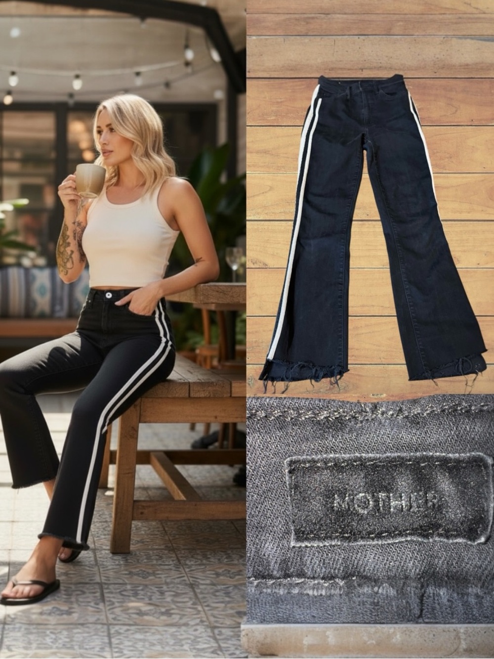 MOTHER Insider Crop Step Fray Black Denim Jeans with White Side Stripes Size 24